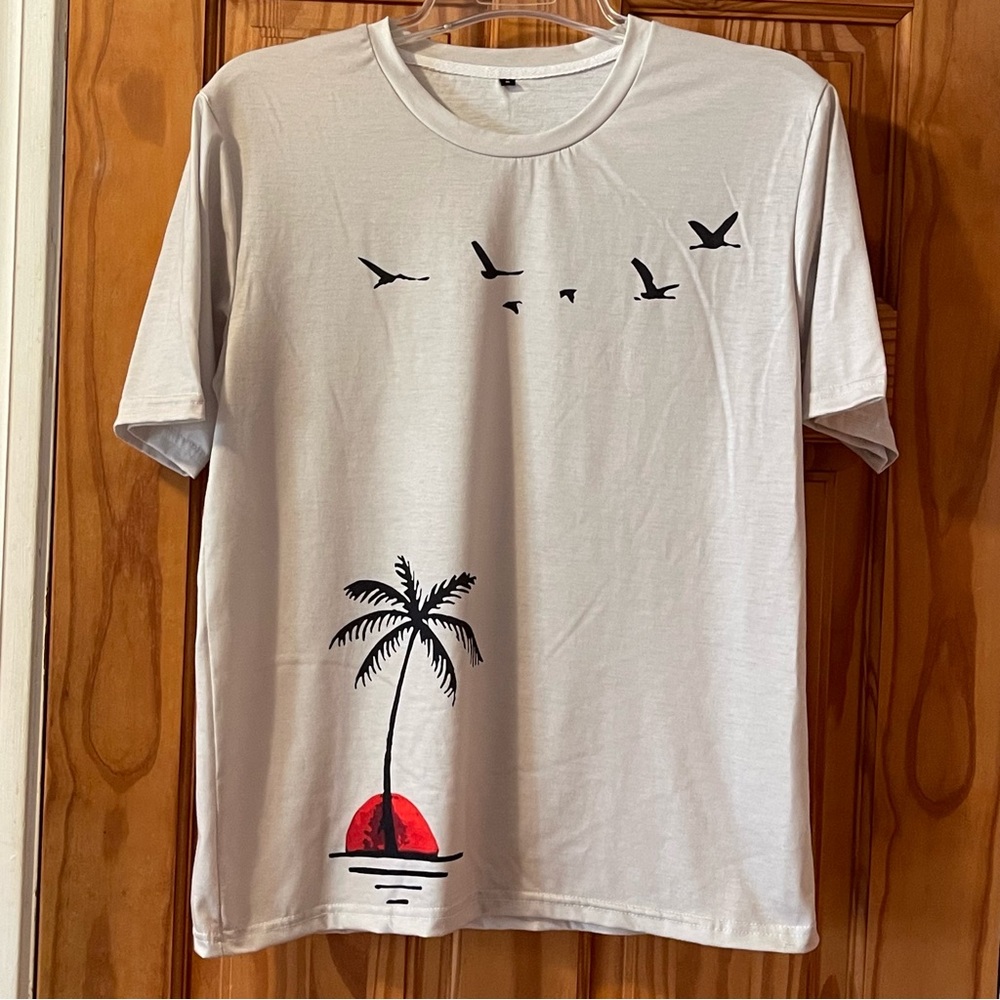 Men's White Graphic Tee with Palm and Birds